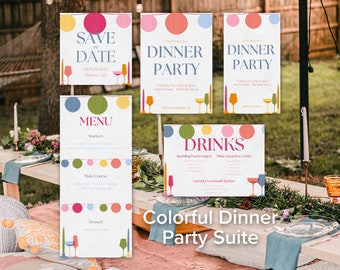 Colorful Dinner Party Invitation Suite, Illustrated Garden Party, Bright Modern Event Bundle, Casual Backyard Party Template Bundle