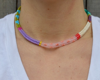 Bright Colorful Bead Rope Necklace Seed Bead Geometric Yoga Bead Necklace Gypsy Boho Choker Beadwork Jewelry Unisex Minimalist Jewelry