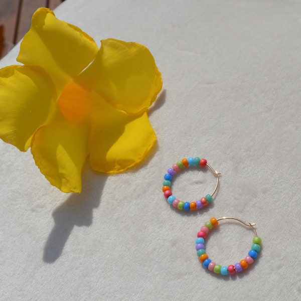 Multicolor Colorful Hoop Earrings, Seed Bead Hoops 14Kt Gold-filled, Tiny Bead Earrings, Miyuki Mini Small Hoop Huggie, Random Bead Rainbow