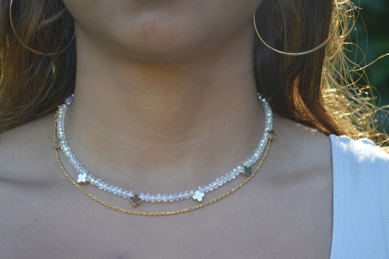 Beaded Choker with Charm Crystal Choker Necklace Gold Charms Dainty Flower Choker Tiny Bead Choker Gold Charm Choker Layering Necklace