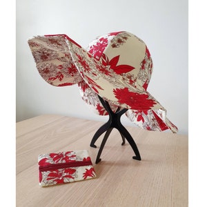 Red Mums Floral Wide Floppy Brim Summer Hat Reversible and Foldable Sunhat with Matching Tissue Holder