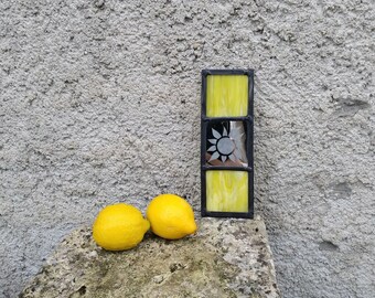 Leaded stained glass panel, wall art, acid etched sunflower on mirror.. 21 cm x 7.25 cm.