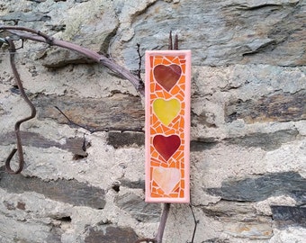 Stained glass mosaic wall art, hearts, naive style. 29.5 cm x 8.5 cm.