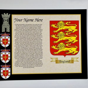 Surname History of your Family Name With English 3 Lions Coat of Arms Colour Print