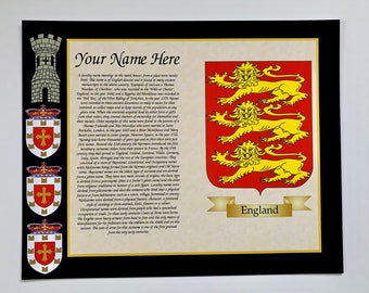 Surname History of your Family Name With English 3 Lions Coat of Arms Colour Print