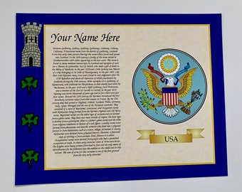 Surname History of your Family Name With American State Seal Colour Print