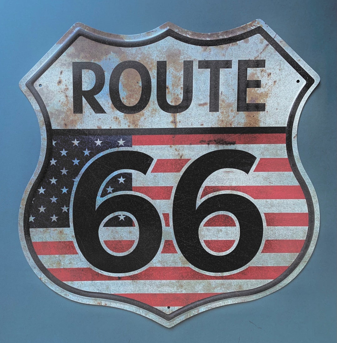 Classic Route 66 Metal Sign Shield U.S.A Flag Garage Mancave Office ...