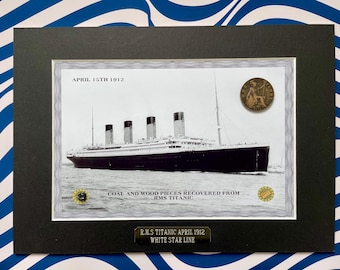 A4 Titanic Relic Display: Recovered Coal, Wood and 1912 Penny