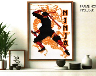 Tailles A4 et A3 d'affiche de guerrier japonais ninja disponibles