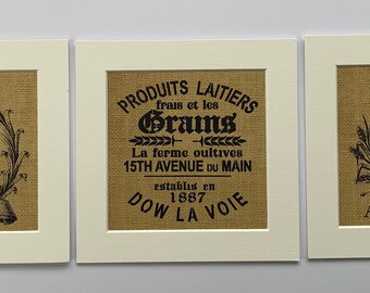 Ensemble de 3 décorations murales pour cuisine, décoration murale, style toile de jute, grain français