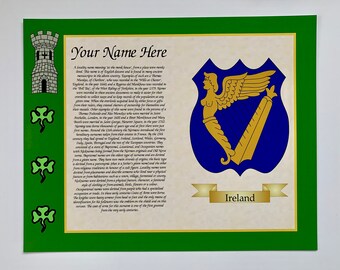 Historia del apellido de su familia con impresión a color del escudo de armas de Irish Harp