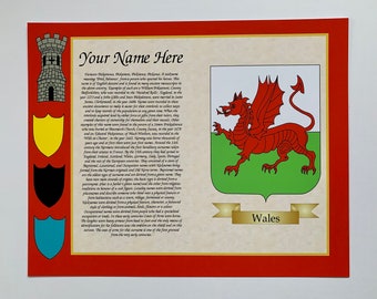 Surname History of your Family Name With Welsh Dragon Colour Print