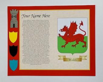 Welsh Dragon Surname History of your Family Name With Colour Print