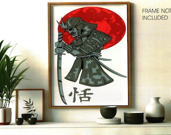 Poster Guerrier ninja japonais : oeuvre d'art murale soleil rouge