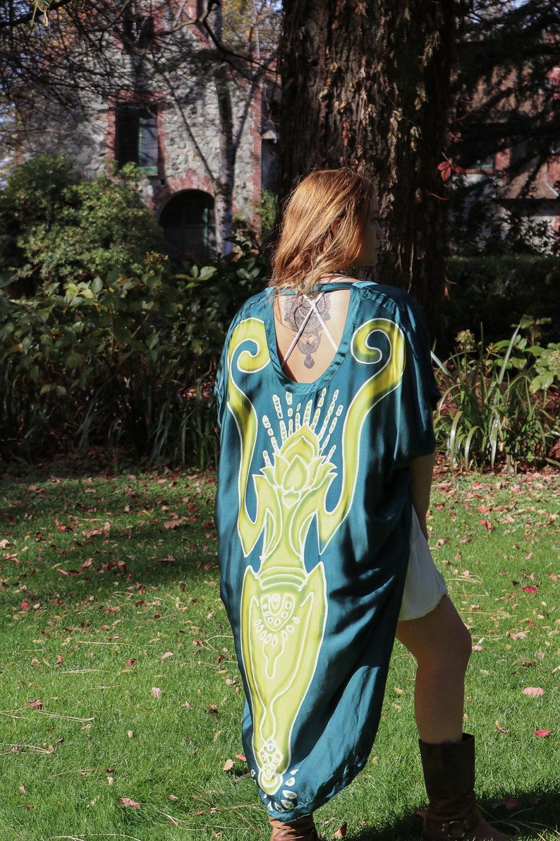 SILK ATABEY CAPE Batik Hand Painted Goddess of Fertility Taina Indian Symbol Kimono Style One size Loose Fitting