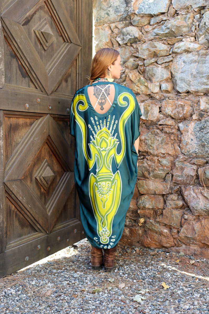 SILK ATABEY CAPE Batik Hand Painted Goddess of Fertility Taina Indian Symbol Kimono Style One size Loose Fitting