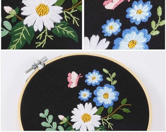 Blue Flower Embroidery Full Kit for Beginner, Modern Floral Embroidery Kits,Flower Embroidery Kits, Hand Rose Embroidery Full Kits