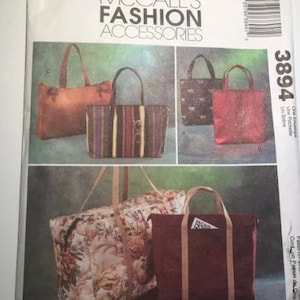 UNCUT Big bag pattern, Handbag pattern for sewing, Sewing pattern tote bag, McCalls 3894 accessories sewing patterns