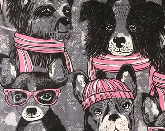 Dog in Hat Cotton Fabric, Puppy Winter Boho Fabric by Yard