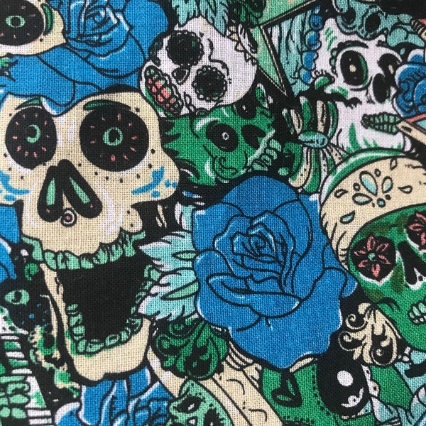 Blue Roses sugar skull fabric by the yard,Skull fabric by the yard cotton,Famous designer inspired fabric,skull pattern fabric half,18"x58"+