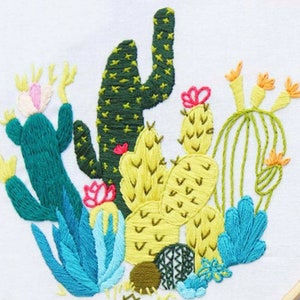 Beginner green cactus embroidery kit with trendy cacti stitch designs ,Green cactus Embroidery Kit Beginner, gifts for her under 20