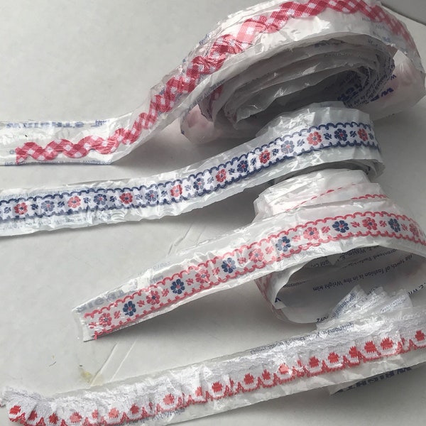 Remainder 4 Embroidery Ribbons,embroidered thin sew on trim, scalloped trim, embroidered trim, Flocked Cotton Trim, Woven trim border ribbon