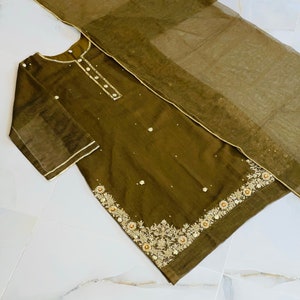 Agha Noor Mehndi Brown Khaddi Net Shirt & Dupatta