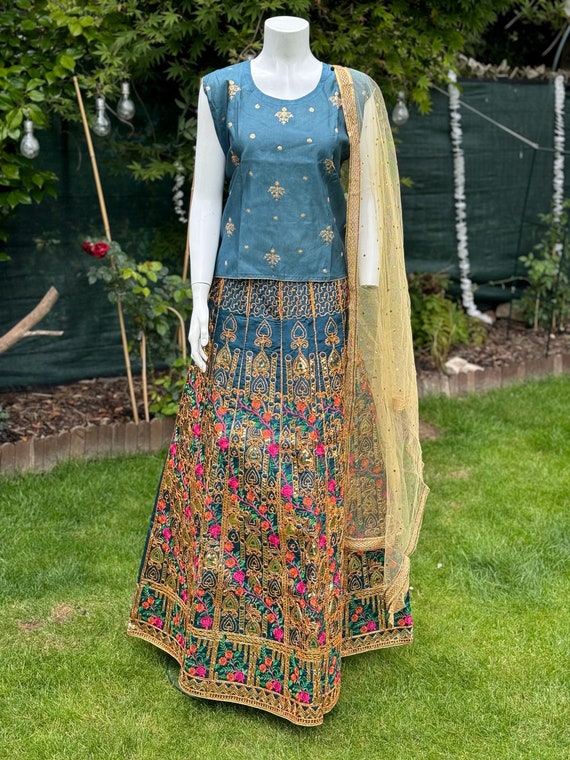 Embroidered Mehndi Teal Blue Lengha Choli