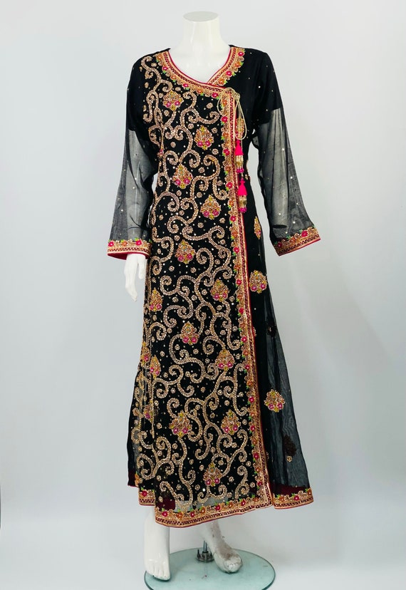 Black Cotton Net Gota Work Open Front Maxi