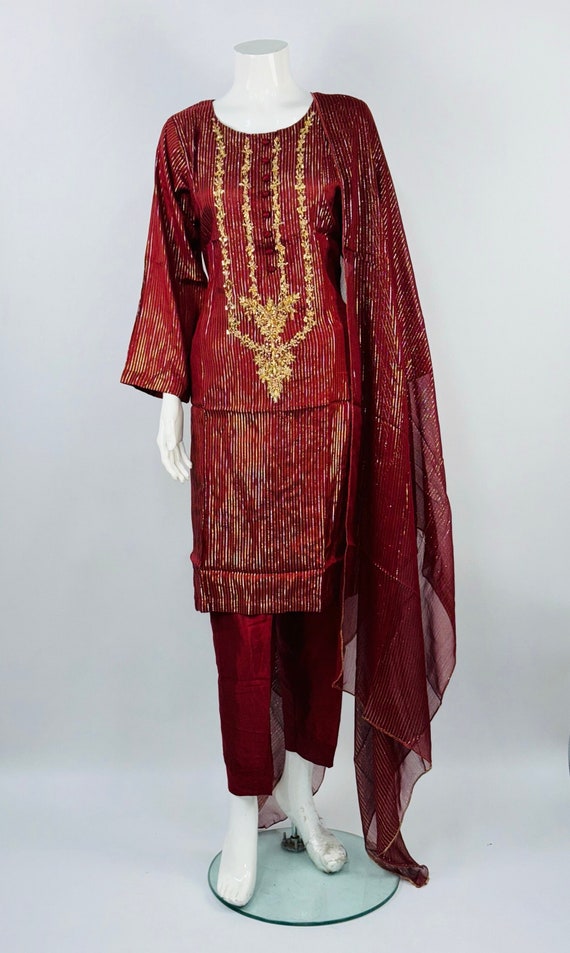 Deep Red Silk Embroidered Suit