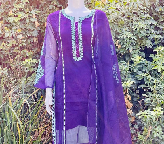 Agha Noor Purple/Turquoise Khaddi Net Shirt & Dupatta