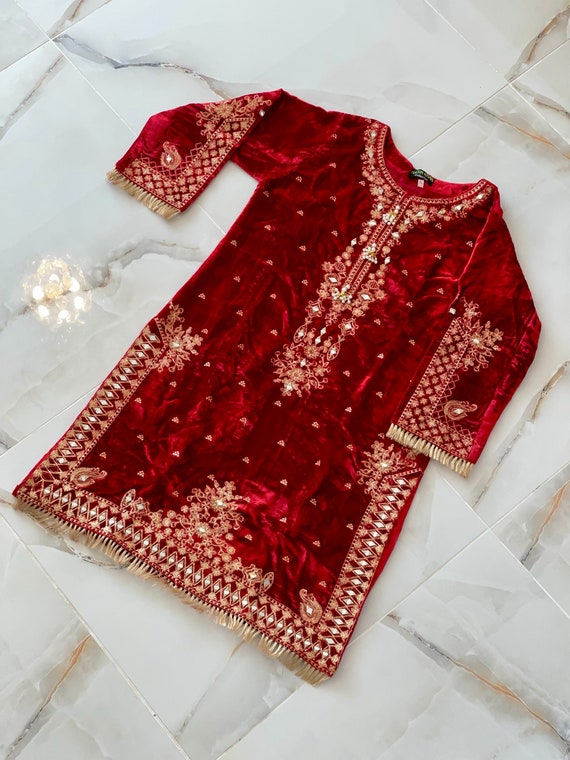 Red Velvet Blend Embroidered Kurti
