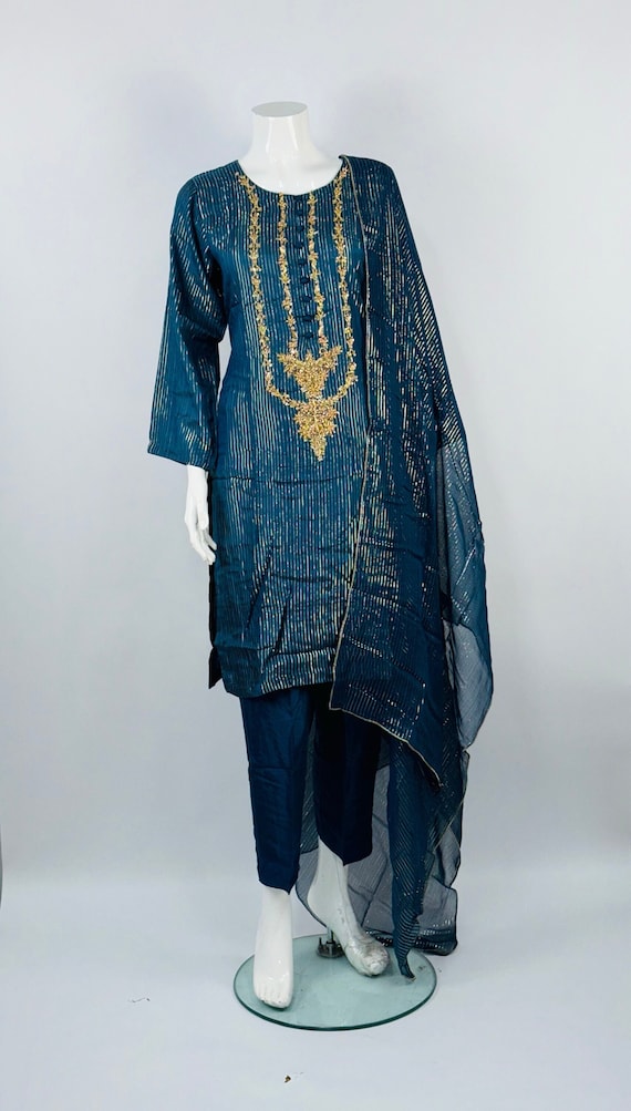 Teal Blue Silk Embroidered Suit