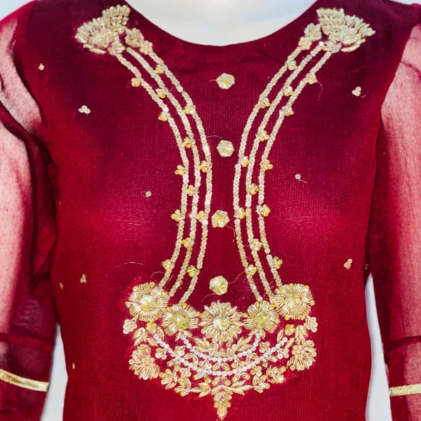 Agha Noor Burgundy Gold Embroidery Khaddi Net Kurti