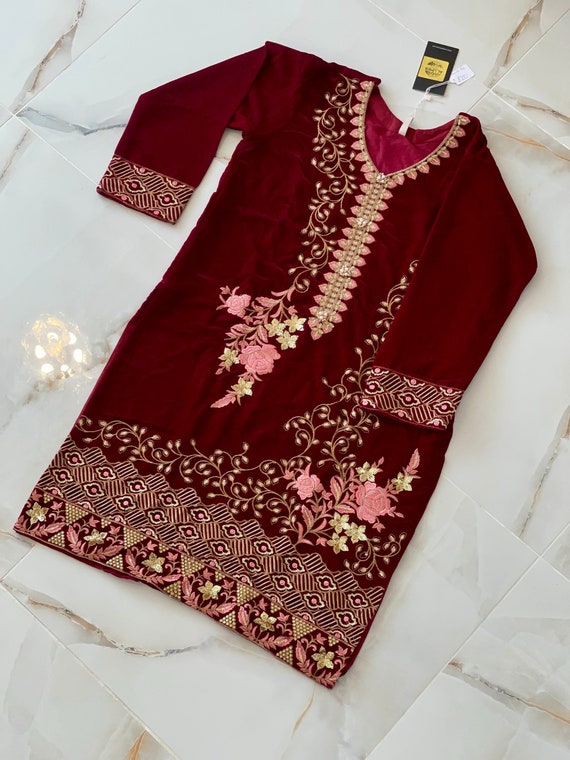 Burgundy Red Velvet Blend Embroidered Kurti