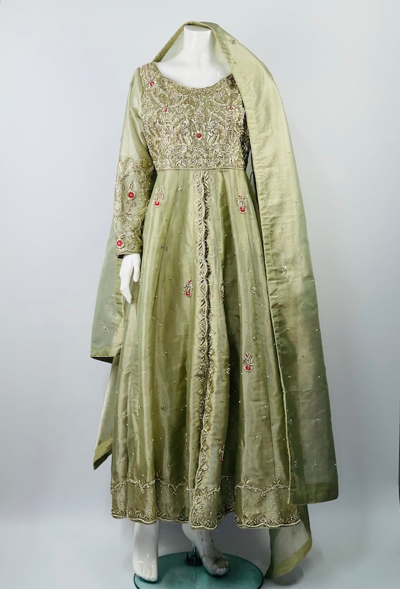 Tissue Organza Open Front Maxi In Mehndi Green