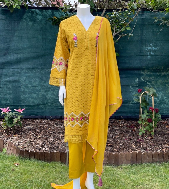 Maria B Mustard Yellow Embroidered Suit