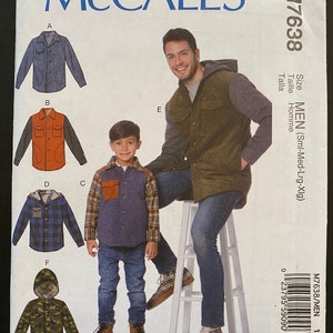 May include: A sewing pattern for a men's shirt with a hood. The pattern includes six different styles of shirts, including a blue plaid shirt, a red and white plaid shirt, a blue and white plaid shirt, a green camouflage shirt, and two solid colour shirts. The pattern is for sizes small, medium, large, and extra large.