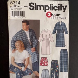 May include: Simplicity sewing pattern 5314 for 2 hour sleepwear in sizes XL, XXL, and XXXL. The envelope features illustrations of a plaid robe, patterned pajama pants, and shorts. It includes a photograph of a person wearing a plaid robe.