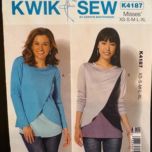 May include: A sewing pattern titled "KWIK SEW K4187" featuring two women modeling long-sleeved tops. The tops have a wrap-style design with color-blocked panels. The pattern includes sizes XS-XL.