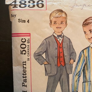 May include: Vintage sewing pattern for a boy's suit. The pattern number is 4836 and the size is 4. The pattern is printed in Canada and costs 50 cents.
