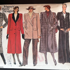 May include: A Vogue's Basic Design sewing pattern envelope, number 1220, featuring illustrations of five different coat and jacket styles. The designs include long plaid coats, a red coat with black lapels, and a tan blazer with trousers.