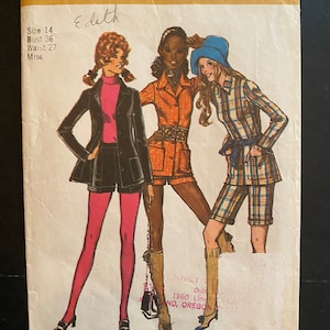 May include: Vintage Simplicity sewing pattern, number 9574, showing three women in shorts and jacket outfits. The pattern includes size 14, bust 91 cm, and waist 69 cm. The cover is off-white with the text "Simplicity" and the price.