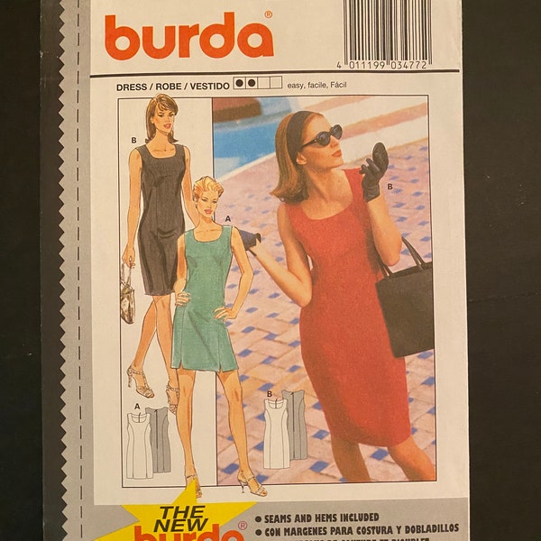 Burda 3477 non coupée et à l'état neuf Taille 10-20 Robe fourreau classique avec variation de l'ourlet.