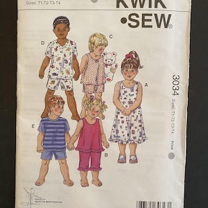 Kwik Sew 3034 Toddler pajama pattern uncut and in brand new condition. Unisex boy and girl size T1-T2-T3-T4