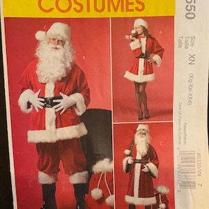 May include: A McCall's Costumes sewing pattern featuring Santa Claus and Mrs. Claus outfits. The pattern includes images of a red Santa suit with white trim, a black belt, and a white beard. The pattern size is XN (Xlg-XXl-XXXL).