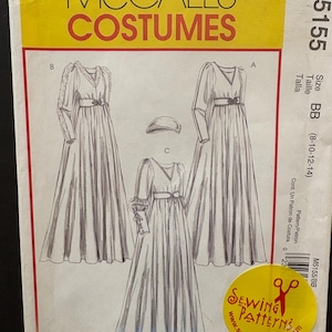 以下が含まれることがあります： ヴィンテージのMcCall's Costumesの裁縫パターン、M5155。ベルトと袖が付いた3つのロングドレスのイラストが特徴です。パターンにはBBサイズ（8-10-12-14）が含まれています。「McCall's Costumes」のテキストが入った黄色と赤色の表紙です。「Sewing Patterns」のテキストが入ったステッカーが右下にあります。