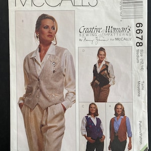 May include: A sewing pattern for a vest, with three different styles shown. The pattern is for sizes 12-14 and is called "Creative Woman's Sewing Patterns" by Henry Zremen for McCall's.