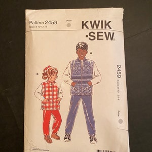 May include: A vintage Kwik Sew pattern packet, Pattern 2459, featuring illustrations of children's clothing. The packet shows a boy in a vest and pants and a girl in a jacket and pants. Sizes 8-10-12-14 are listed.