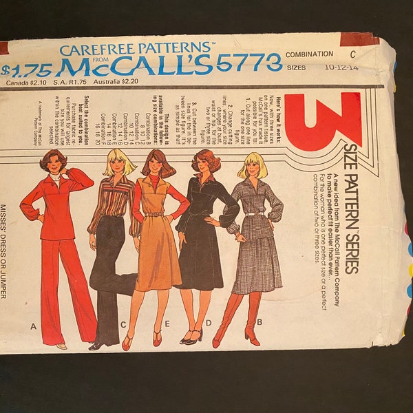 McCalls 5773 Size 10-12-14 3 Size pattern Misses dress or jumper or top ,skirt and pants.Vintage 1970's wardrobe